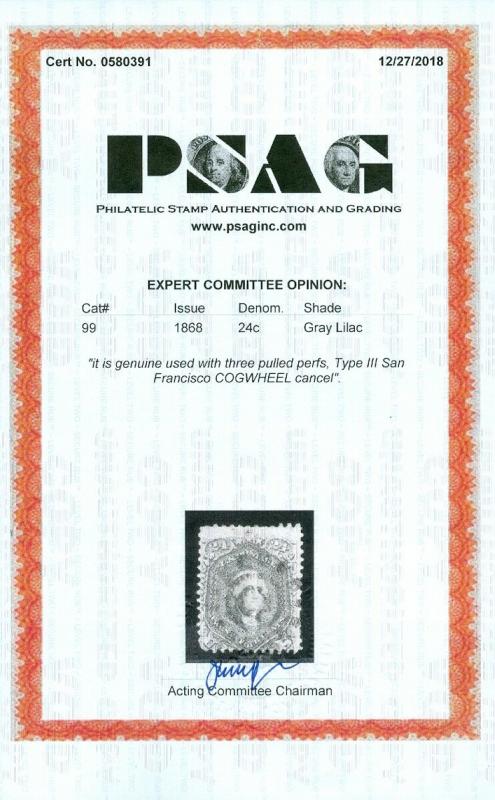 EDW1949SELL : USA 1868 Scott #99 Used. Fresh & Sound. PSAG Cert. Cat $1,600.00.