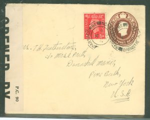 Great Britain  1d stamp on 1 1/2d envelope, Paracombe, Devon to New York, censored.  Minor opening issues at top 20 Sept.