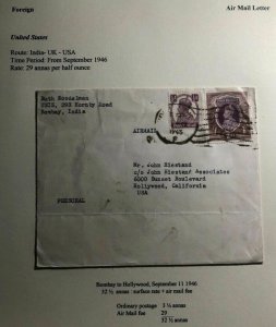 1946 Bombay India Airmail Cover To Hollywood Ca USA