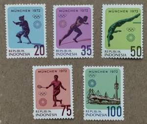 Indonesia 1972 Olympics Munich, MNH.  Scott 823-827, CV $10.20. Sports