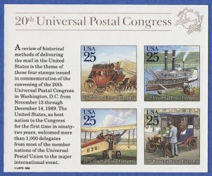 US 1989 Sc 2438  MNH VF $1 UPU Congress Imperf s/s, 25c x 4 Early Mail Transport