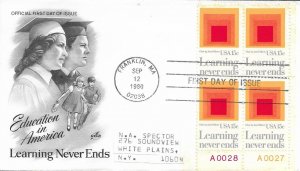 1980 FDC, #1833, 15c Learning Never Ends, Art Craft, plate block of 4