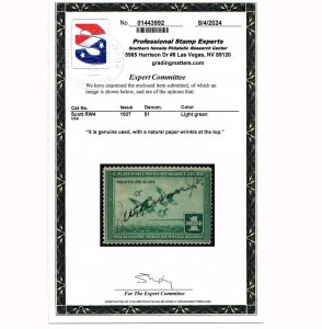 EXCELLENT GENUINE SCOTT #RW4 F-VF USED 1937 FEDERAL DUCK HUNTING STAMP PSE CERT