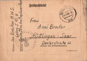 Germany Soldier's Free Mail 1940 Berlin Feldpostbrief Letter Card to Puttling...