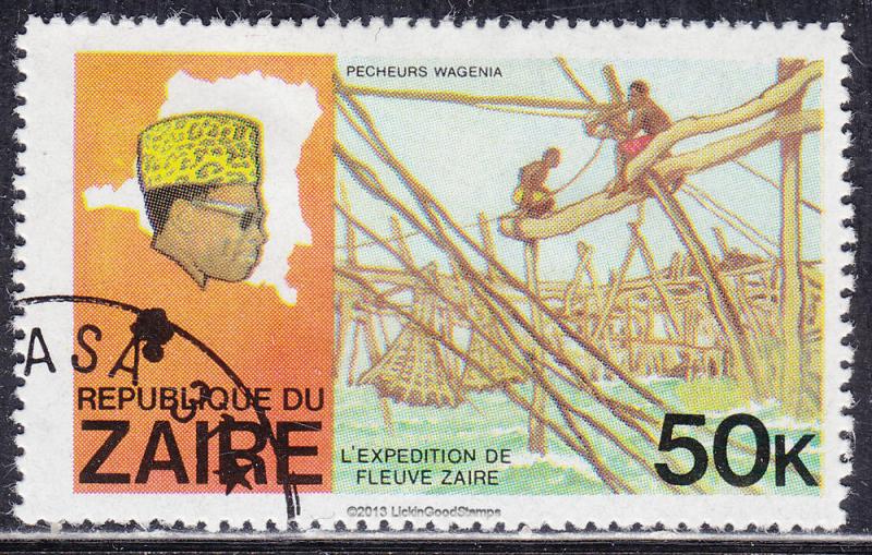 Zaire 909 USED 1979 Pres. Mobotu, Map of Zaire, Fishermen