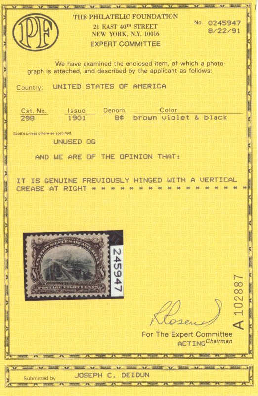 U.S. #298 MINT WITH PF CERT