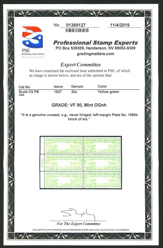 U.S. #C9  MINT PL# BLOCK OF 6 WITH PSE CERT GRADE 80