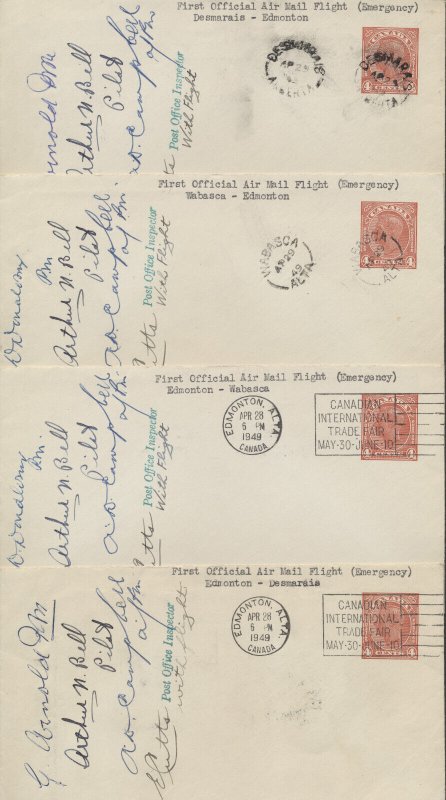 1949 Apr 28-29 Set of 4 Edmonton-Wabasca-Desmarais Alberta Emergency Flights