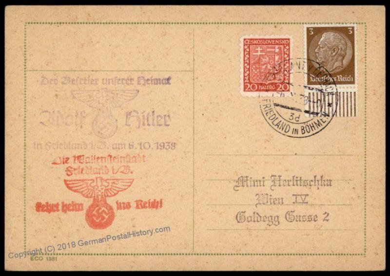 3rd Reich Germany Friedland Sudetenland 1938 Annexation Provisional Cover 72705