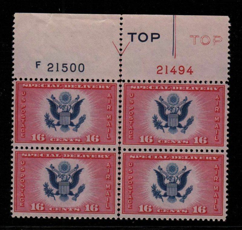 1936 Air Mail Special Delivery 16c bi-color Sc CE2 MNH plate block Type 1 (F