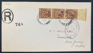 1933 Turk Island Turks & Caicos Registered cover To Mahwah NJ USA Tax Stamp
