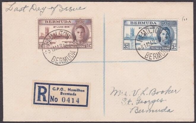 BERMUDA 1947 Registered cover - Victory set - last day of issue.............x637