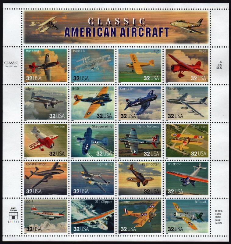 SC#3142 32¢ Classic American Aircraft Sheet of Twenty (1997)  MNH