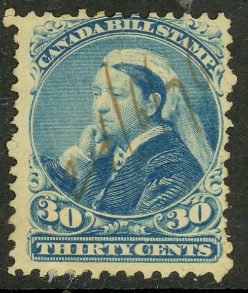 CANADA 1868 QV 30c Blue BILL STAMP REVENUE VDM. FB49 Used