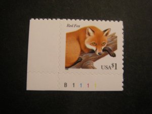 Scott 3036, $1 Fox, Plate number single, #B1111 LL, MNH Single, Flora & Fauna