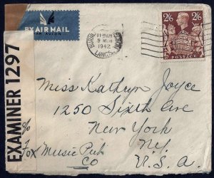 UK GB US 1942 WAR TIME CENSORED COVER BEARING KING GEORGE VI Sc 249 TO NEW YORK