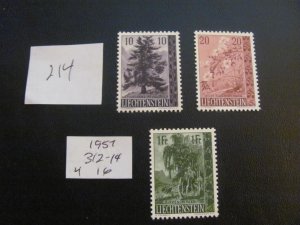 LIECHTENSTEIN 1957 MNH  SC 312-314 SET  XF  $16 (214) NEW COLL.