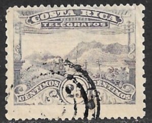 COSTA RICA 1907 25c Slate Viole Perf. 14x11 TELEGRAPH STAMP TRAIN Hiscock 7b VFU