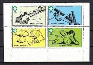 Staffa Scotland Local, 1982 issue. 75th Scouting Anniversary sheet of 4. ^