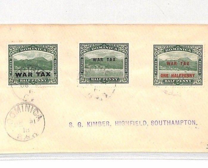 DOMINICA Cover 1918 WW1 Southampton *WAR TAX* Mixed Franking BH35