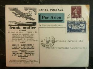 1933 Paris France Airmail Postcard Cover to Sutton England Frank Muller