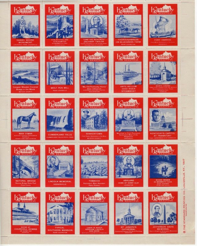 Cinderella Poster Stamps Kentucky the Beautiful 25-Stamp Sheet & Album, New MNH 