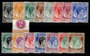 SINGAPORE GVI SG1-15, 1948-52 PERF 14 set, M MINT. Cat £200.