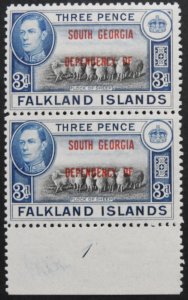 Falkland Island Deps 1946 Three Pence pair with Plate No SG B4 u/mint