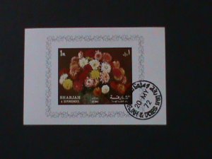 ​SHARJAH-AIRMAIL-1972 FAMOUS ARTS PAINTING-FLOWERS-CTO-IMPERF S/S VF-LAST ONE