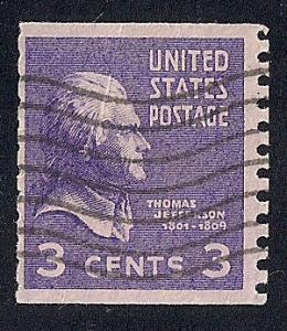 842 3 cent Thomas Jefferson coil Stamp used F