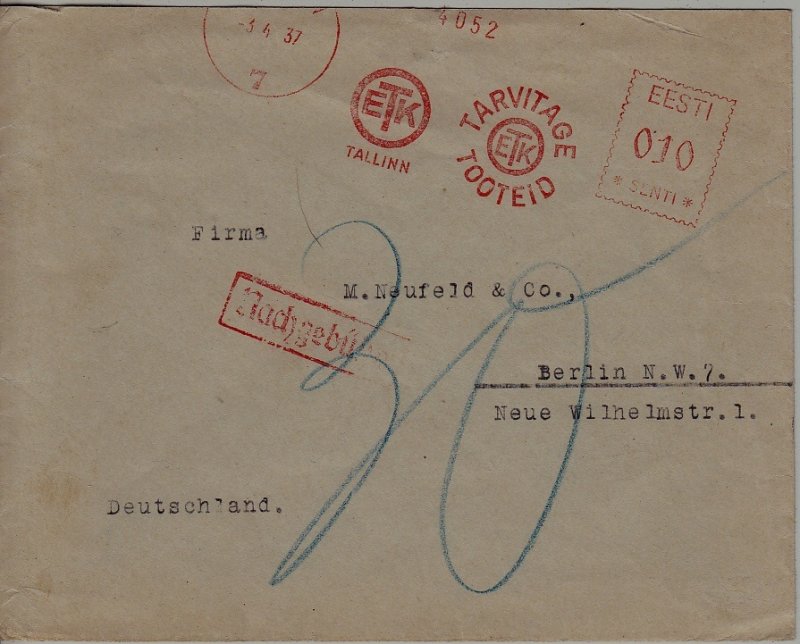 Estonia used cover 3.4.37 Tallinn