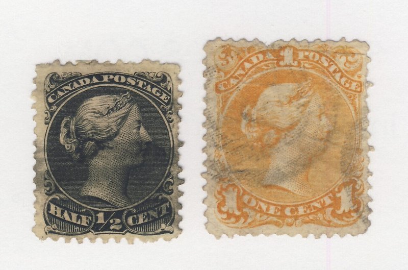 2x Canada Large Queen Used Stamps;  #21-1/2c F+ & #23-1c Fine Guide = $140.00