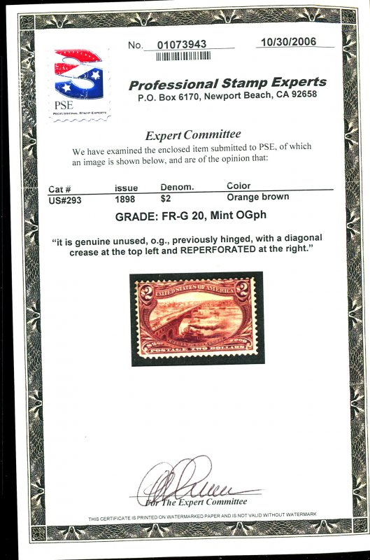 U.S. #293 MINT WITH PSE CERT ORIGINAL GUM