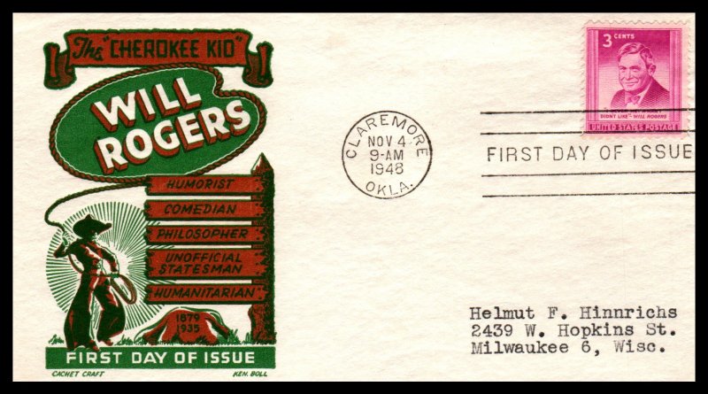 US 975 Will Rogers Cachet Craft Boll Typed FDC