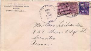 United States Pennsylvania Brodheadsville 1940 4c-bar  3c Jefferson Prexie on...