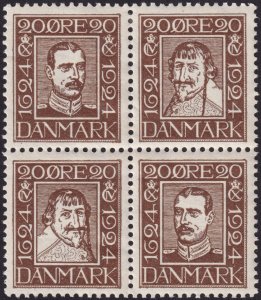 Denmark 1924 #175a xf mnh 20o Dark Brown, Block of 4, 172-175