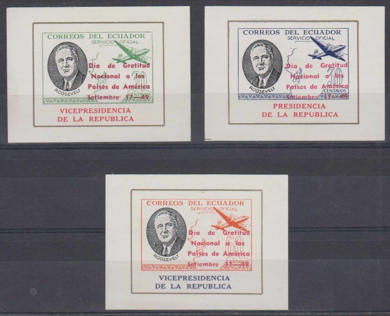 ECUADOR 1949 ROOSEVELT OFFICIAL Bts O.XIII-O.XV MINISHEETS OVPTD MNH F,VF RARE! 