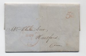 1849 Norwich CT red CDS stampless folded letter 5 rate handstamp [6203.188] 