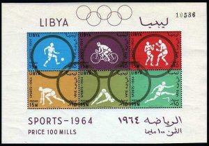 Libya 263b perf,imperf sheets,MNH. Olympics Tokyo-1964.Soccer,Bicycling,Boxing,