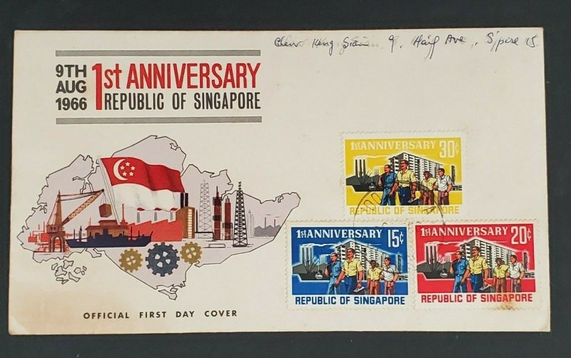 1966 Singapore 1st Anniversary Republic of Singapore Illustrated First Day Cover