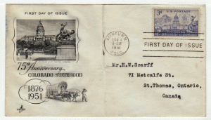USA First Day Cover # 1001 - Colorado Statehood 75th Anniversary - Art Craft