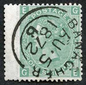 SG117 1/- Green wmk Spray Plate 5 Superb BANAGHER Town Datestamp