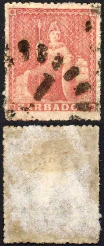 Barbados SG27 (4d) Lake-rose Rough Perf 14 to 16 No Wmk Cat 110 pounds