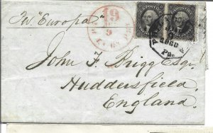 United States Scott 36 pair on 1860 folded letter to England - 2021 cv $850