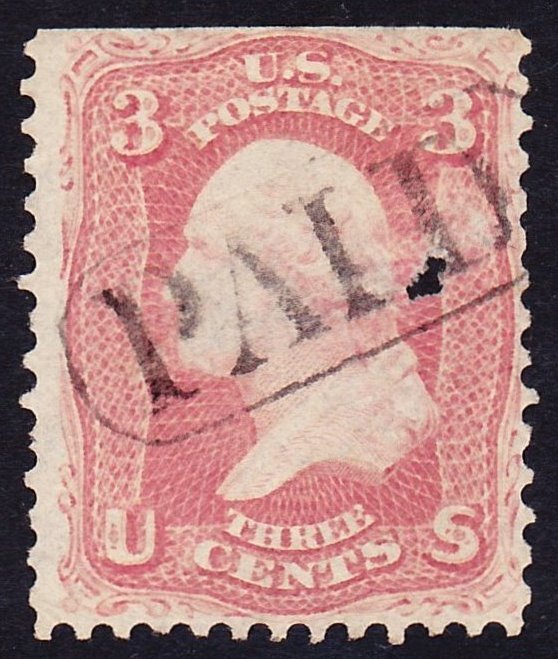 Scott 64b, Used, 3c Washington Rose Pink, PAID Cancel, Hole, Small Flts