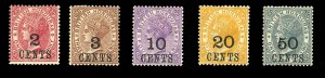 British Honduras #28-32 Cat$95, 1888-89 Surcharges, hinged, faint gum toning