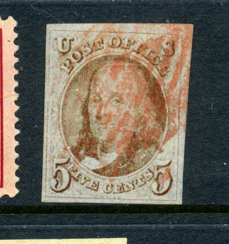 Scott 1 Franklin Imperf Used Stamp with PF Cert (Stock 1-117)