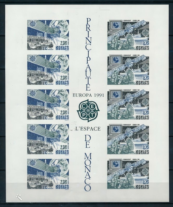 MONACO 1991 Sc#1760/1761 EUROPA CEPT SPACE BLOCK OF 5 IMPERFORATED MNH !!!!