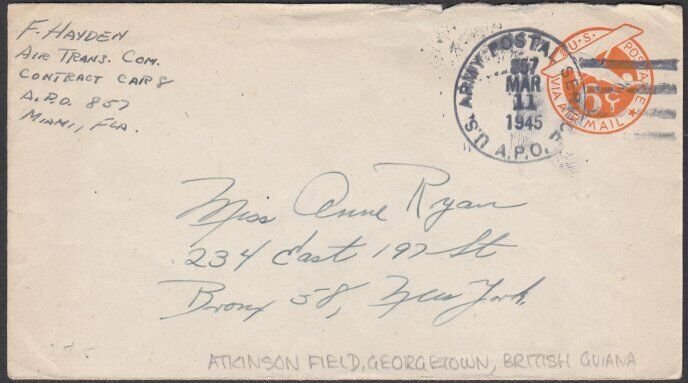BR GUIANA 1945 US Forces 5c envelope APO 857 - Atkinson Field Georgetown....R698