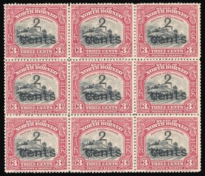 North Borneo 1916 2c on 3c block s in cents INVERTED var MNH. SG 186, 186d.